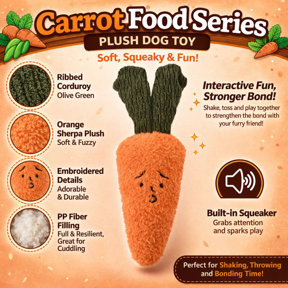 Carrot plush dog toy made of corduroy and sherpa fabric with squeaker and PP fiber filling