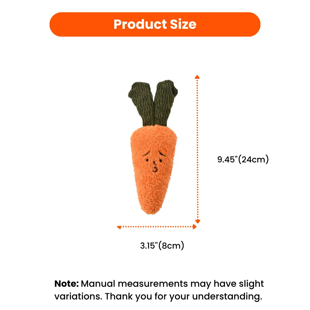 Carrot plush dog toy size showing 9.45″ height and 3.15″ width suitable for small and medium dogs