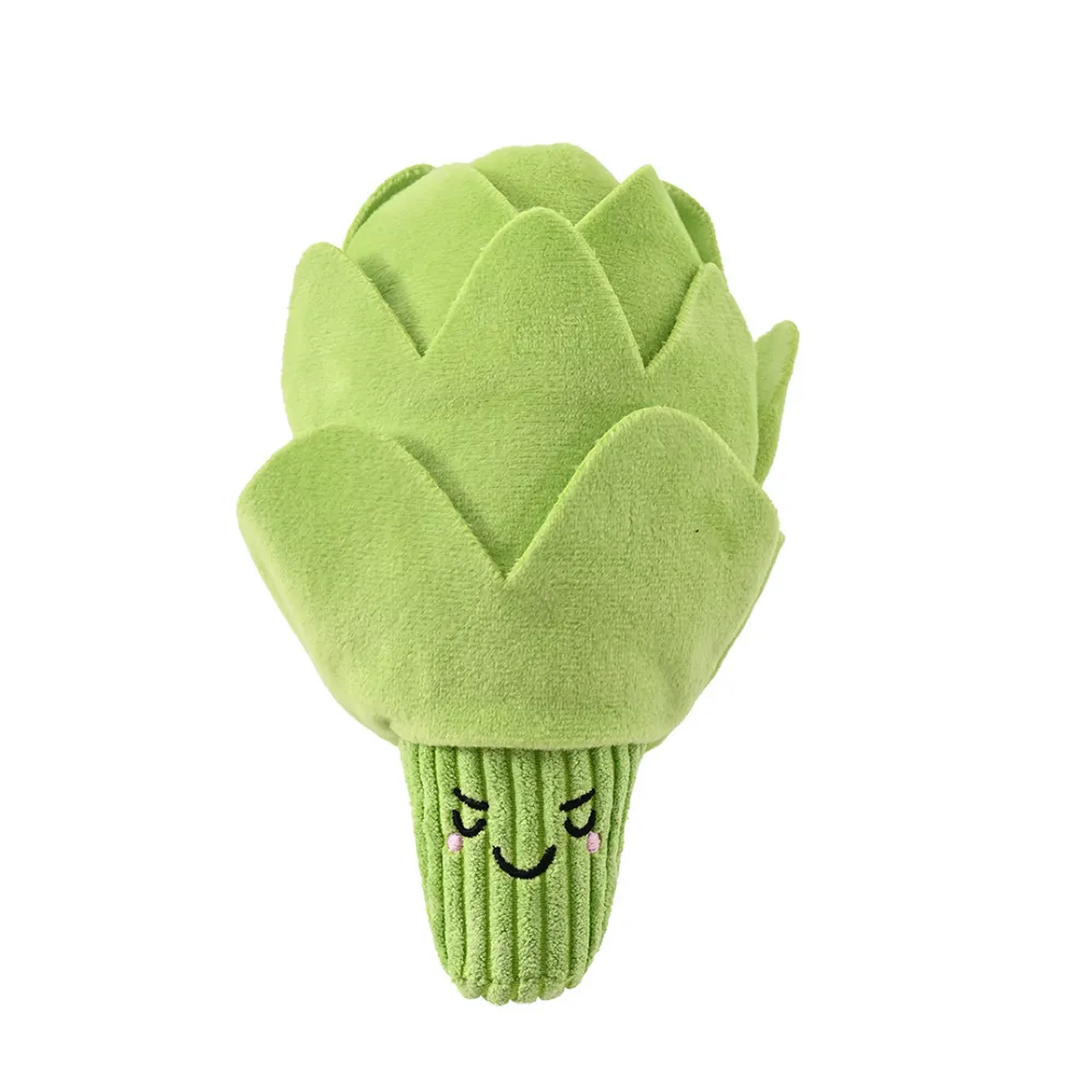 Green artichoke plush dog toy with soft fabric and squeaker for interactive play pet supplies wholesale