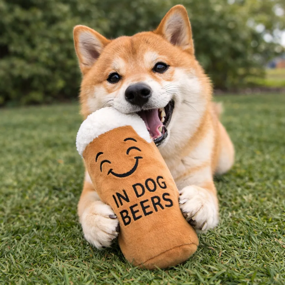 dog playing with beer plush dog toy on grass outdoor interactive squeaky pet toy