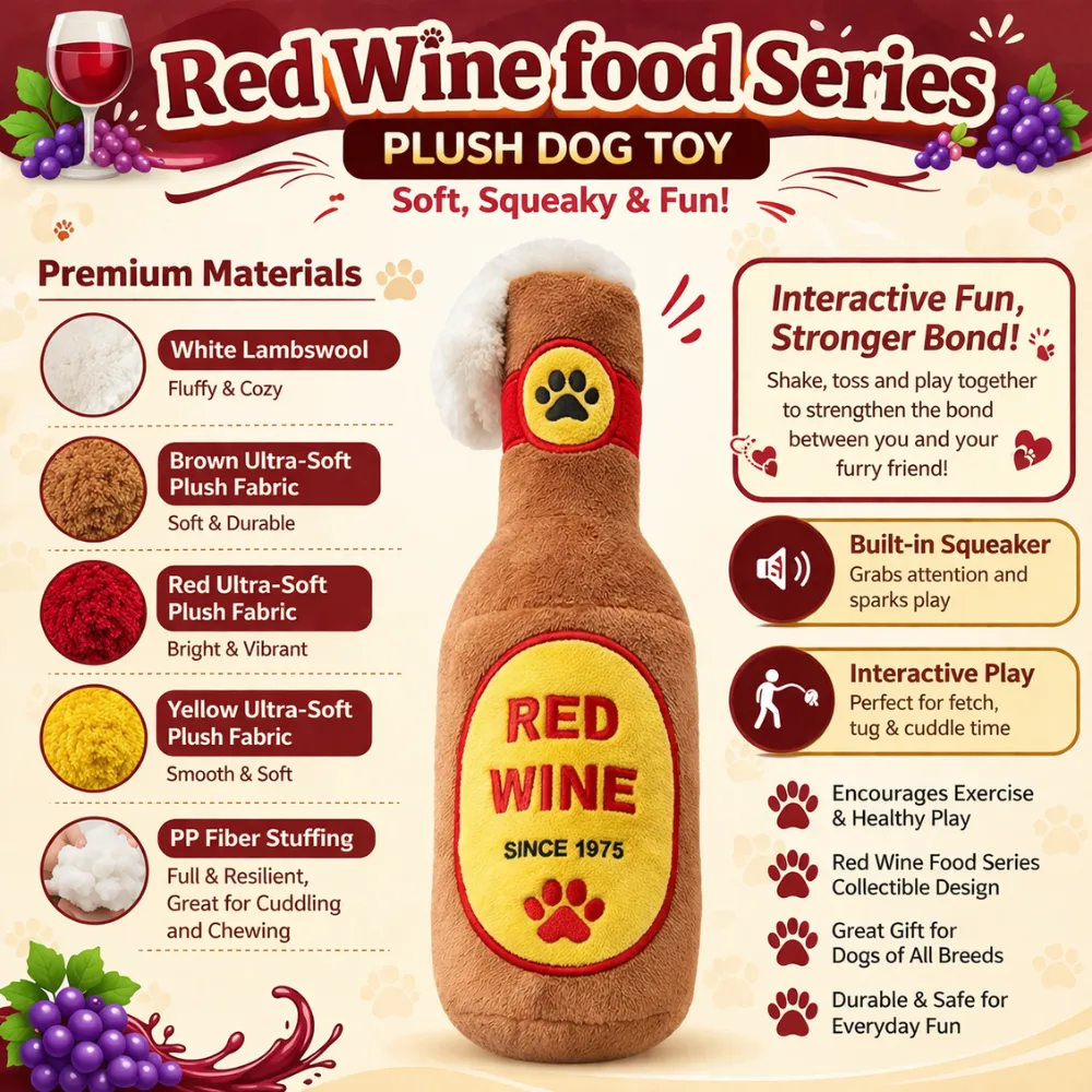 plush dog toy red wine design materials squeaker interactive pet toy features