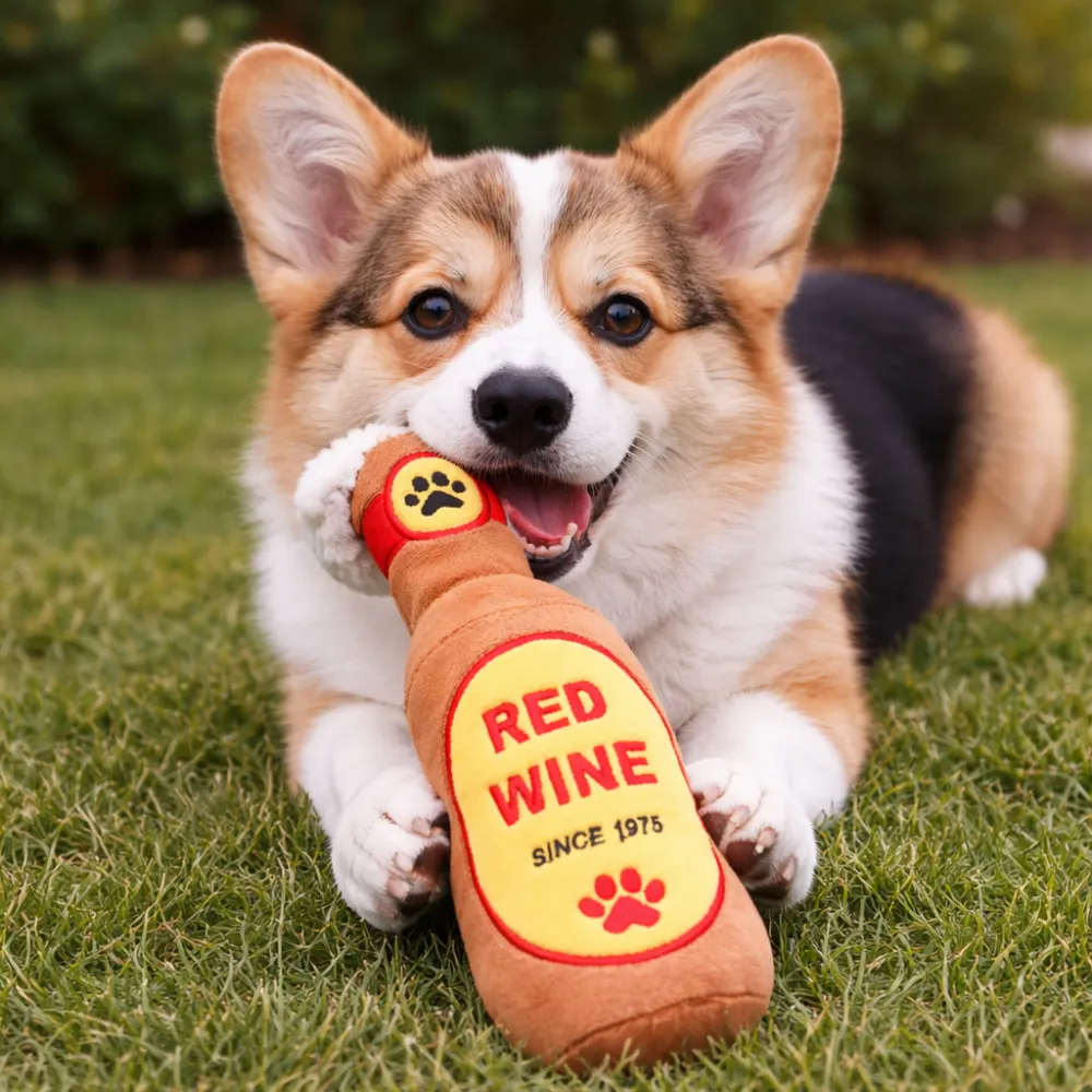 corgi playing with red wine plush dog toy on grass outdoor fun pet toy