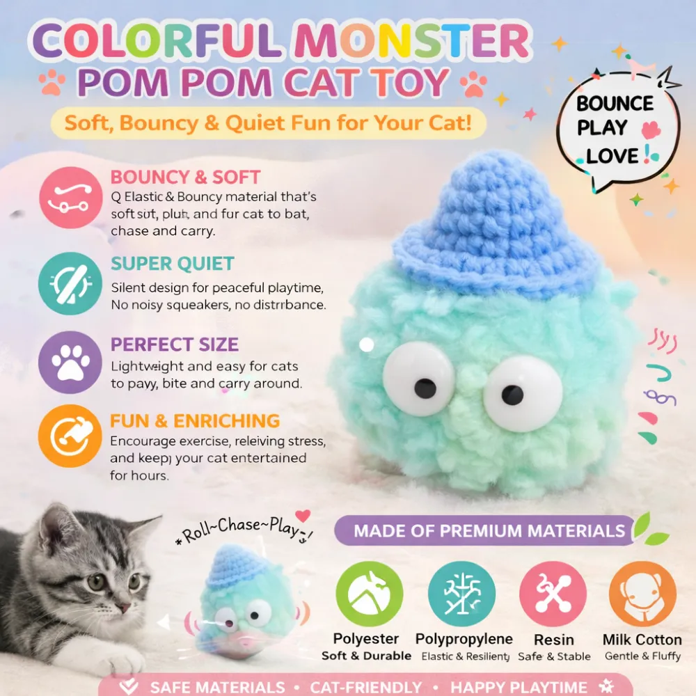 soft quiet pom pom cat toy plush material safe interactive kitten toy