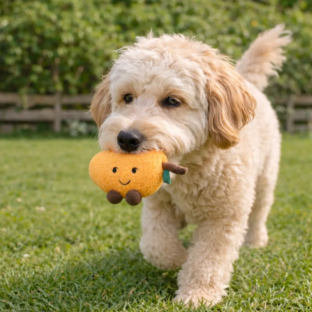 dog carrying plush mango toy outdoor grass interactive fetch dog toy