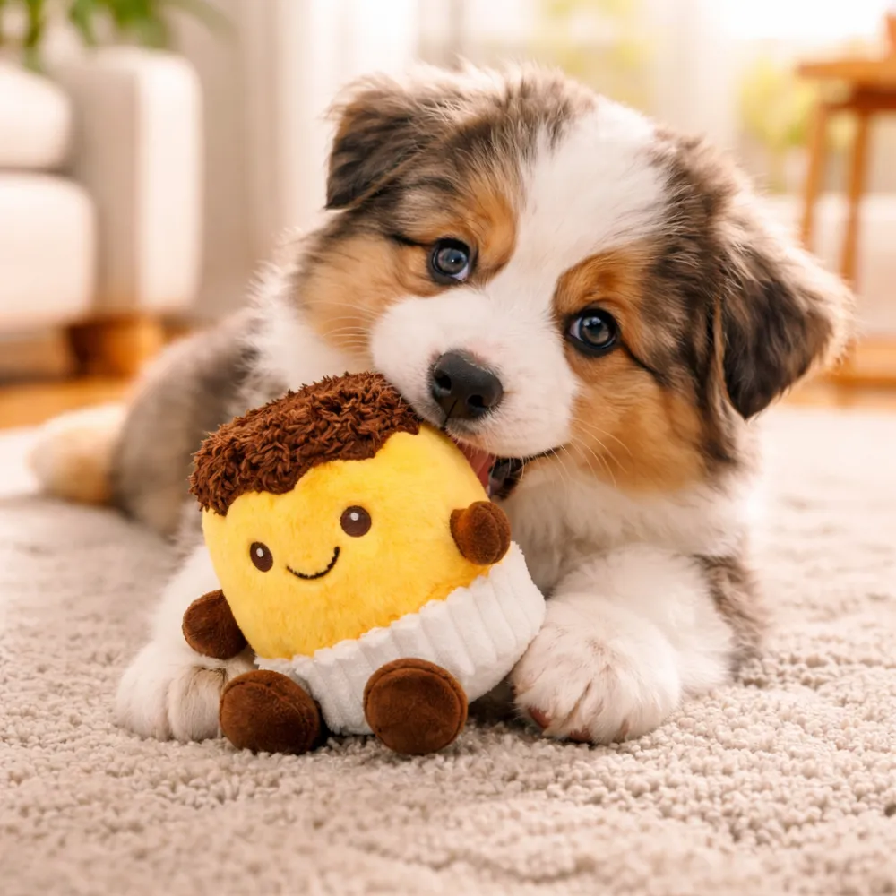 cute puppy playing with caramel pudding plush dog toy in cozy home environment