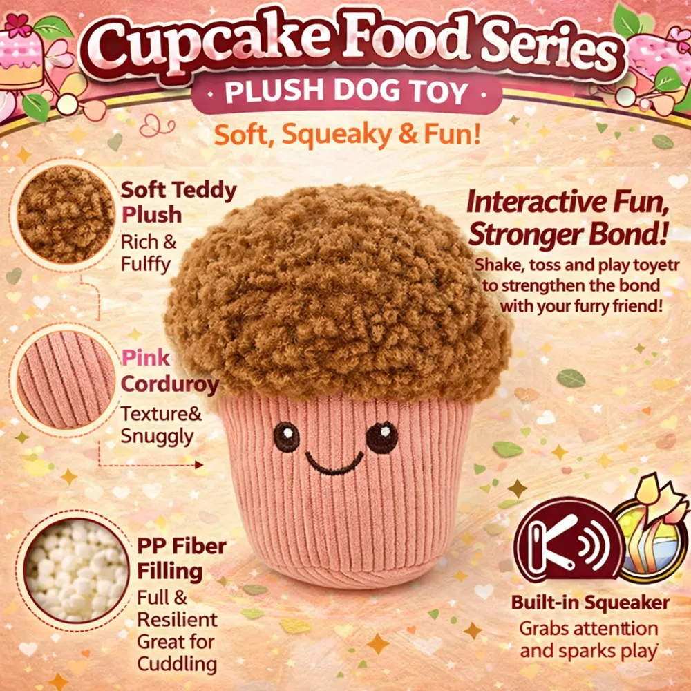 plush cupcake dog toy features soft teddy fabric squeaker and PP fiber filling