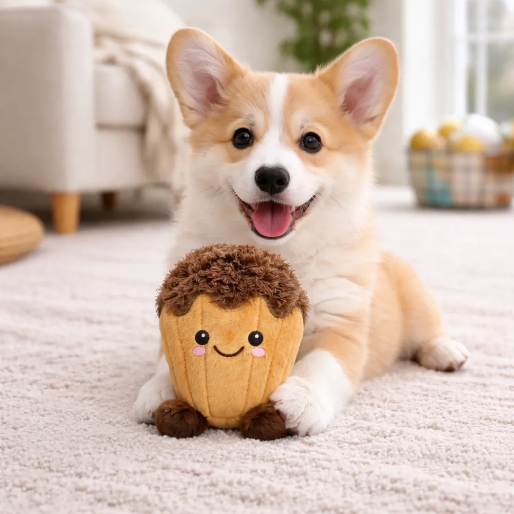 cute puppy playing with soft plush squeaky dog toy in home indoor scene