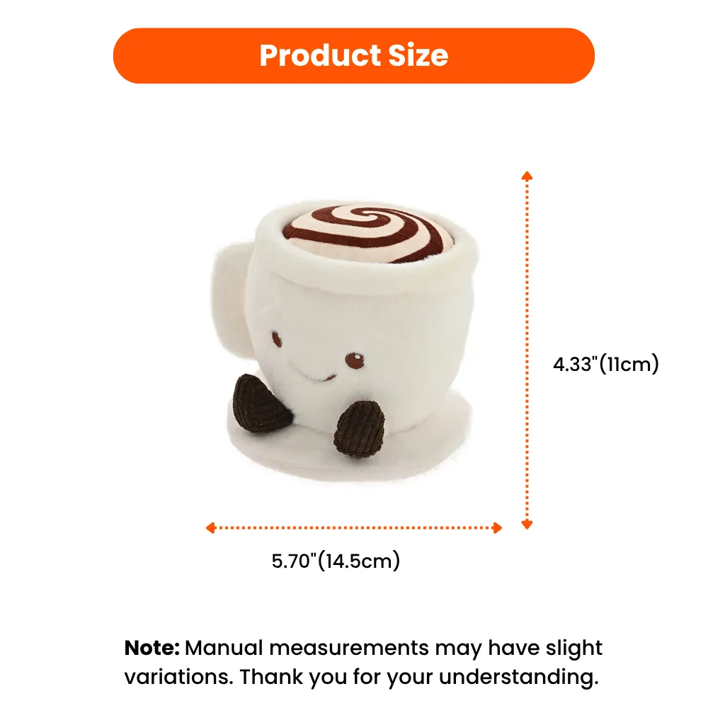 coffee cup dog toy size 5.7 inch width 4.33 inch height plush pet toy dimensions