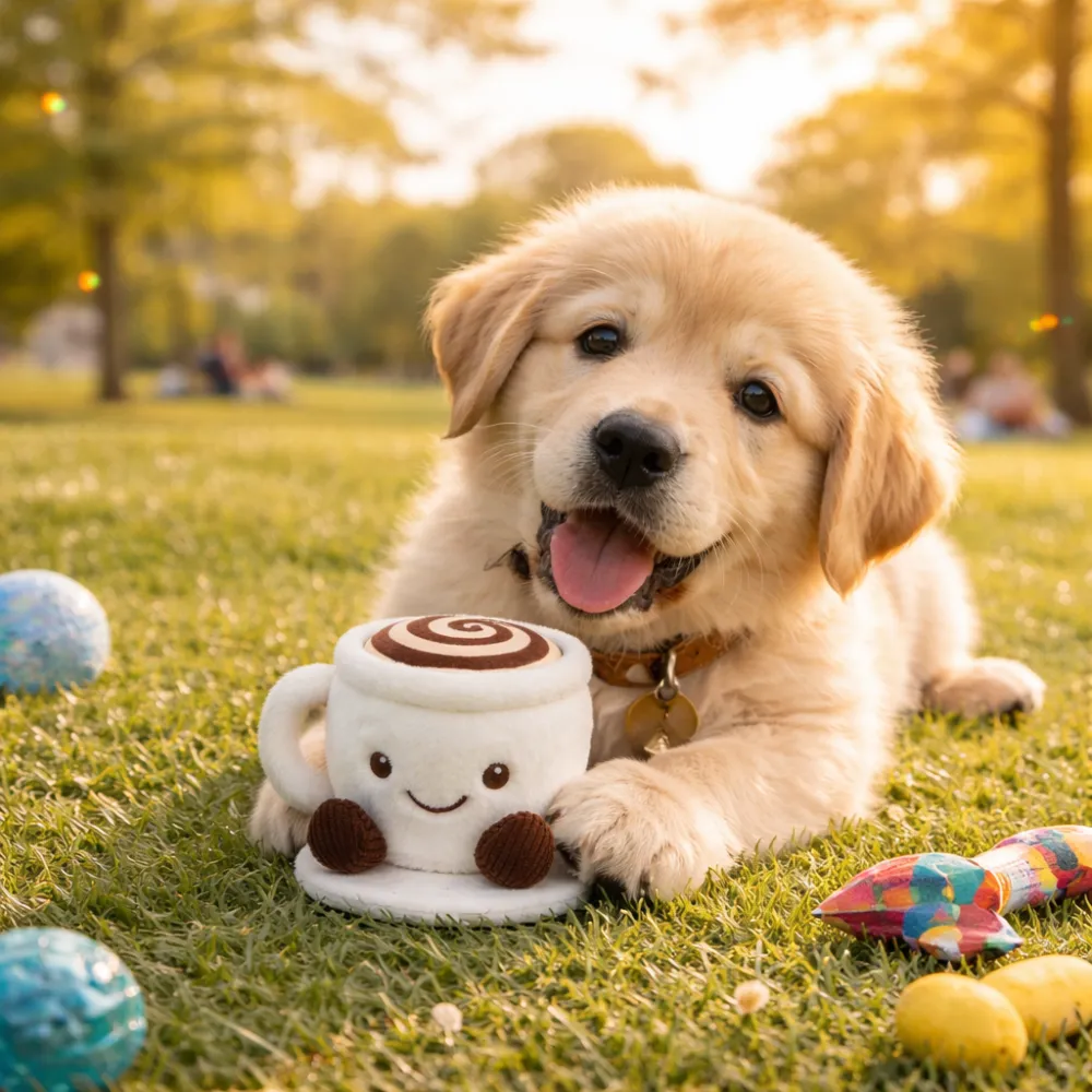puppy playing with plush dog toy outdoor park interactive pet toy