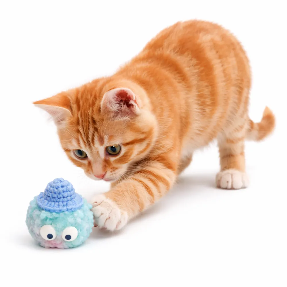 orange kitten playing with pom pom cat toy soft plush interactive ball