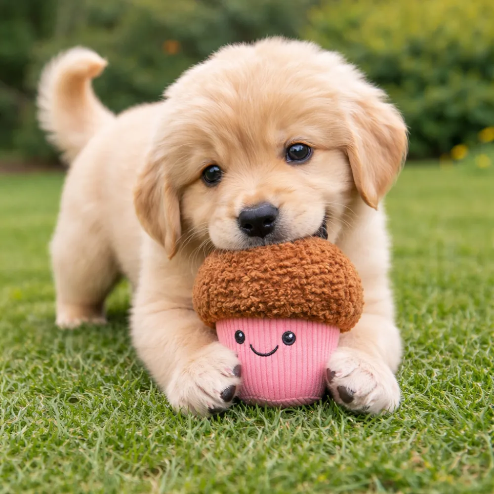 golden puppy playing cupcake plush toy on grass outdoor