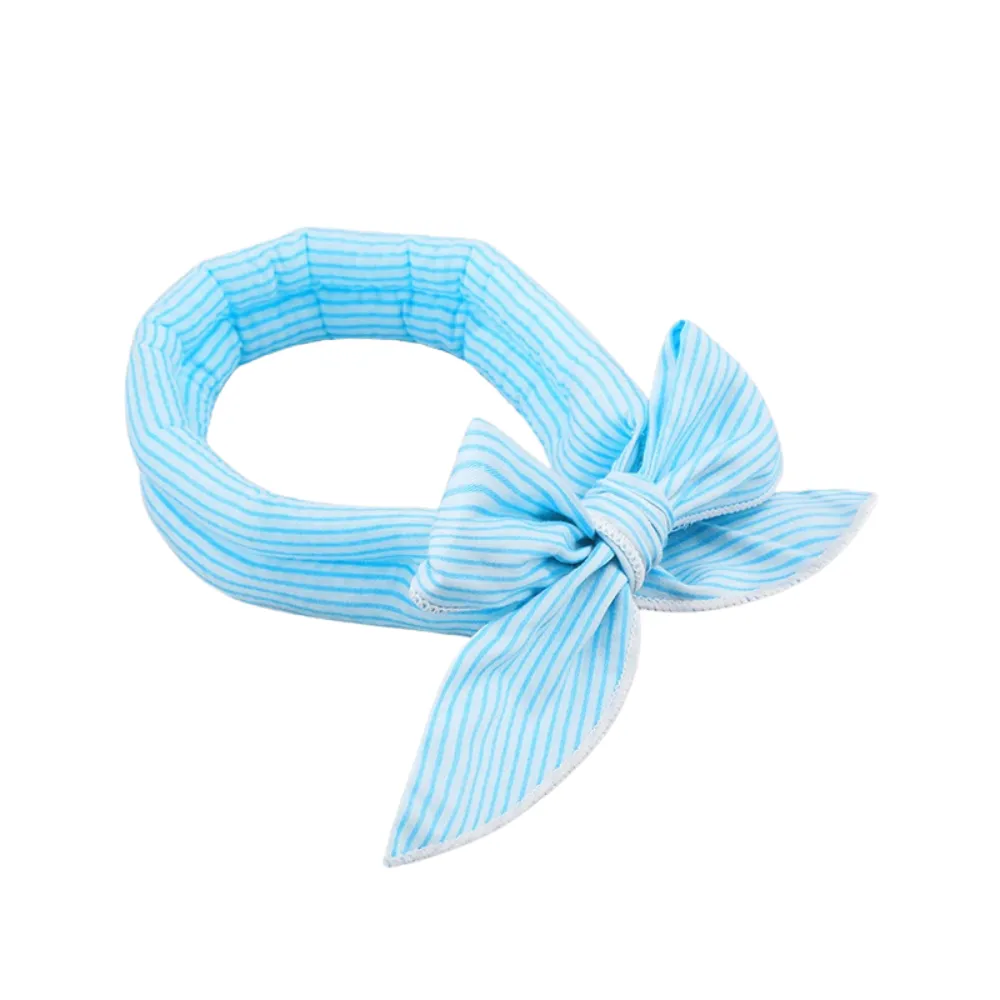 Blue striped cooling dog bandana made of soft cotton with bow design