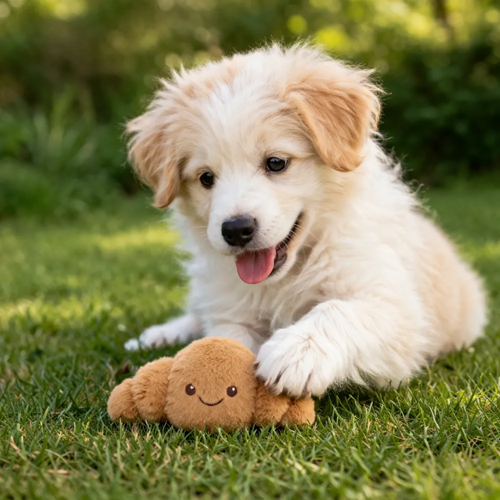 puppy playing with plush squeaky dog toy in grass outdoor pet toy interaction