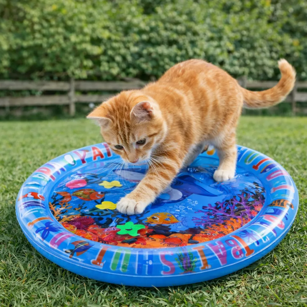 cat playing on inflatable pet water pad outdoor cooling splash mat