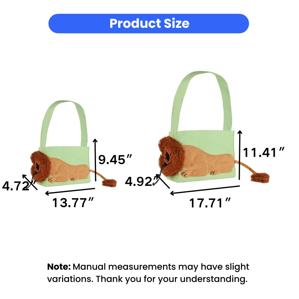 cat carrier tote bag size chart showing small and large dimensions canvas pet shoulder bag measurement details