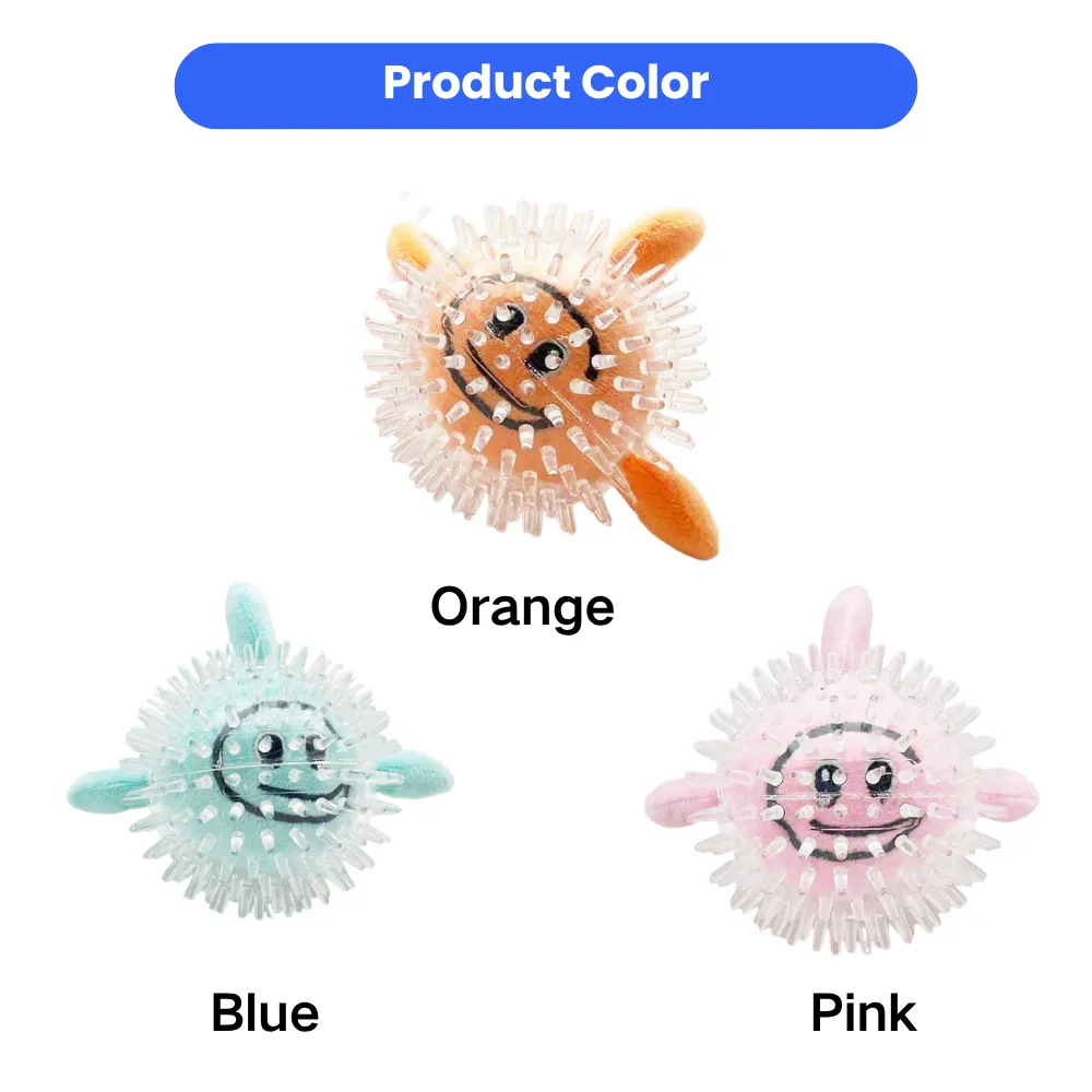 spiky squeaky dog toy in blue pink and orange color options for pet toys wholesale
