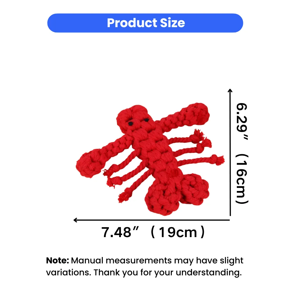 Dog rope lobster toy size 7.48 inch length and 6.29 inch height cotton chew toy measurement chart