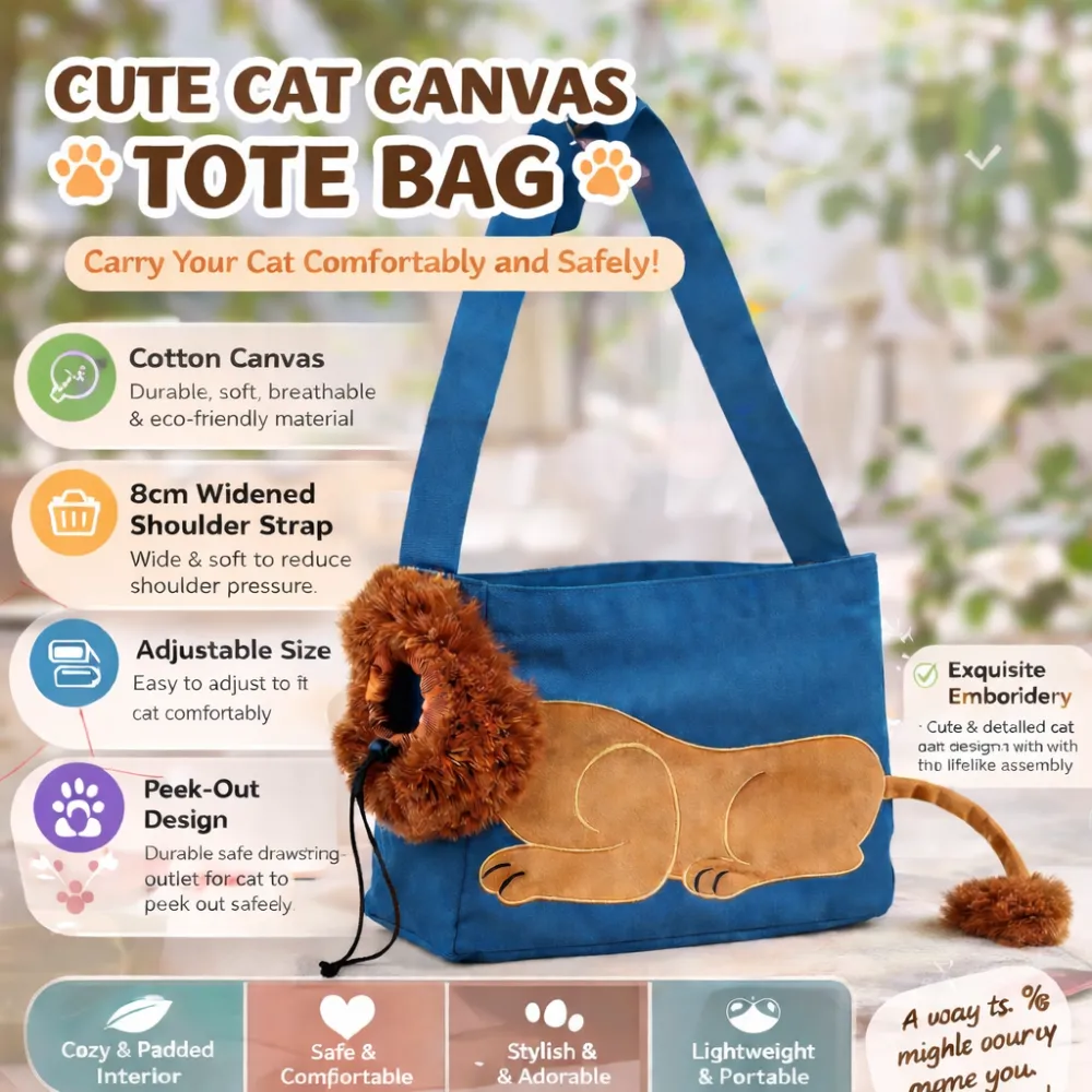 cat canvas tote bag features breathable cotton adjustable strap peek out design safe and comfortable pet carrier