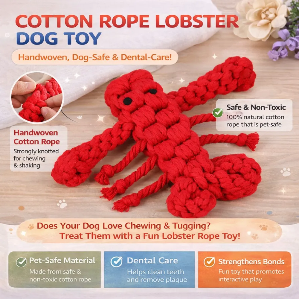 Handwoven cotton rope lobster dog toy safe non toxic dental cleaning chew toy for dogs