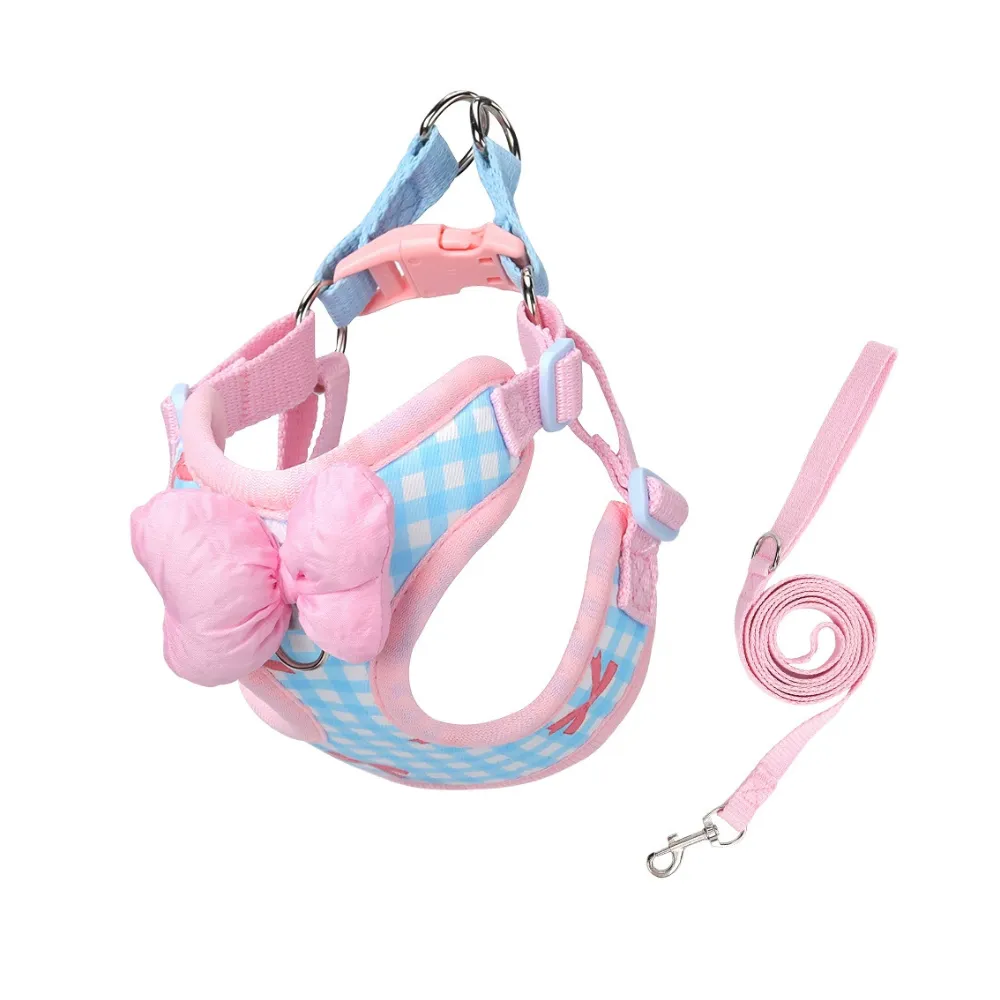blue dog harness leash set bowtie adjustable small dog harness wholesale
