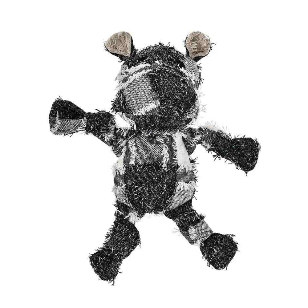 Handcrafted yarn-dyed fabric hippo dog toy isolated on a white background.