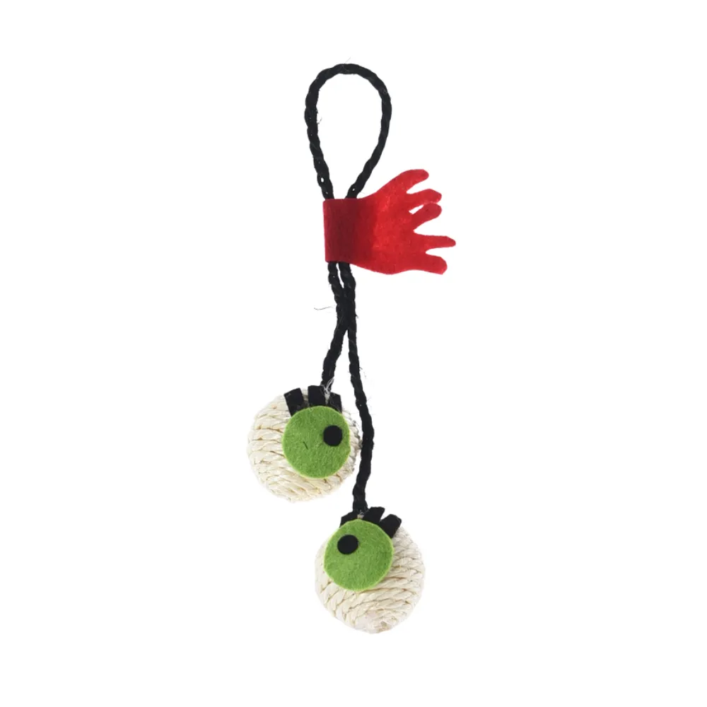 Spooky Eyeball and Claw Halloween Cat Toy with Jute Rope and Felt A Halloween-themed cat toy isolated on a white background. It features a black rope loop, two round jute rope balls with green felt eyeballs, and a single red felt bat-like or clawed wing attached to the rope.