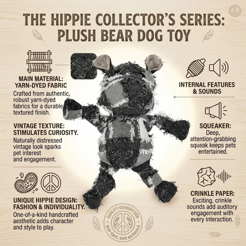 Detailed diagram explaining yarn-dyed fabric, internal squeaker, and crinkle paper features.