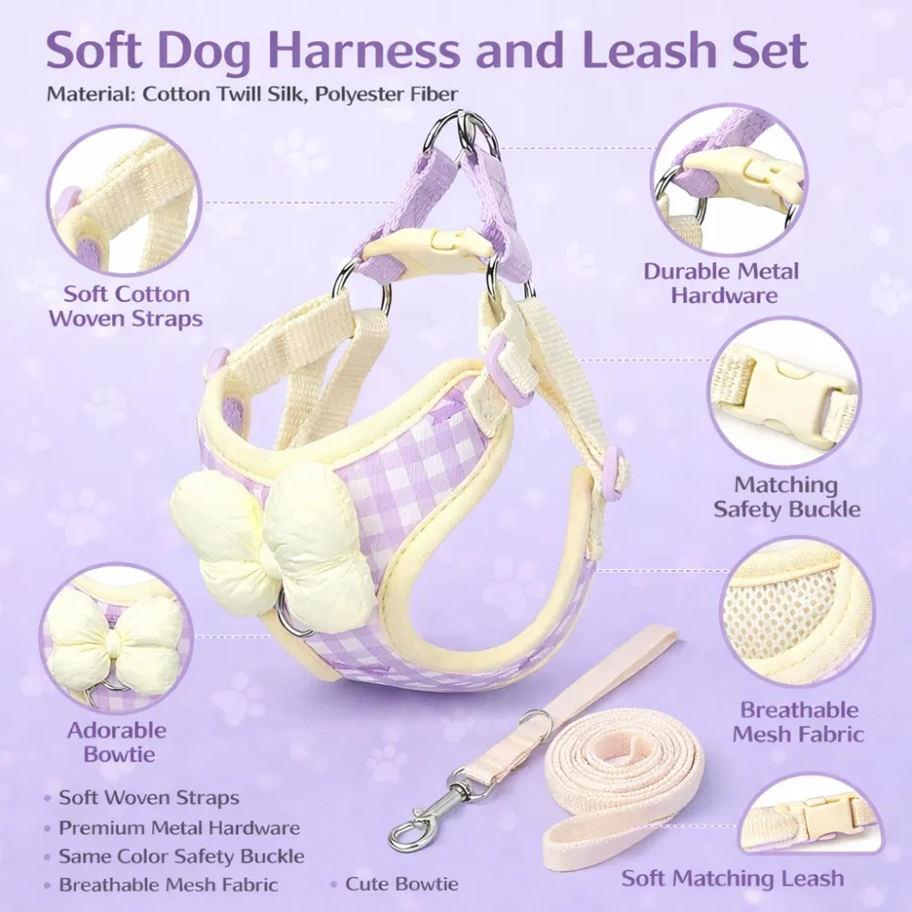 breathable dog harness mesh fabric adjustable straps metal buckle bowtie design