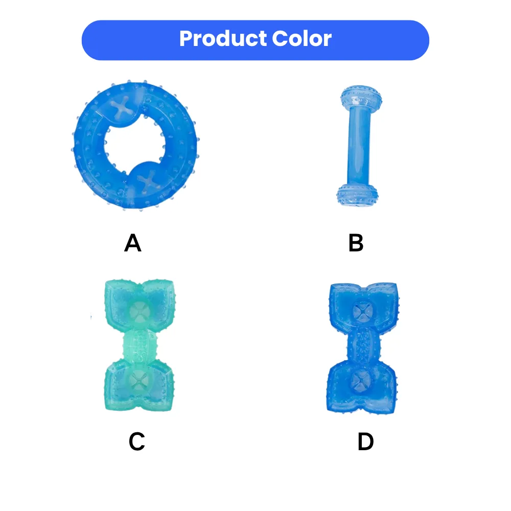 dog chew toys in multiple shapes ring bone and dumbbell blue and green