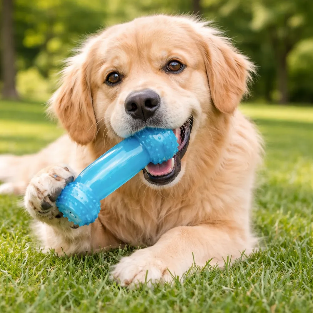 golden retriever playing with blue dumbbell dog chew toy outdoors