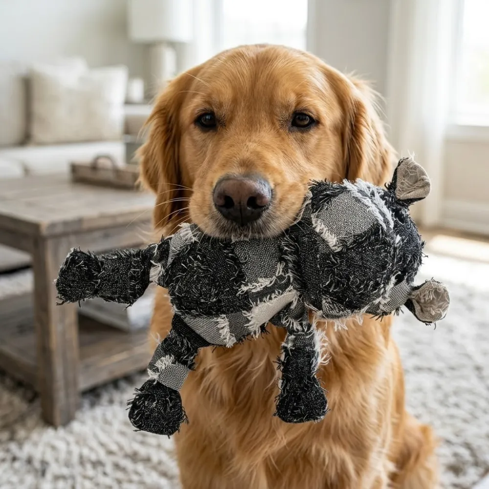 A Golden Retriever dog happily holding the black and white plush hippo toy in its mouth.