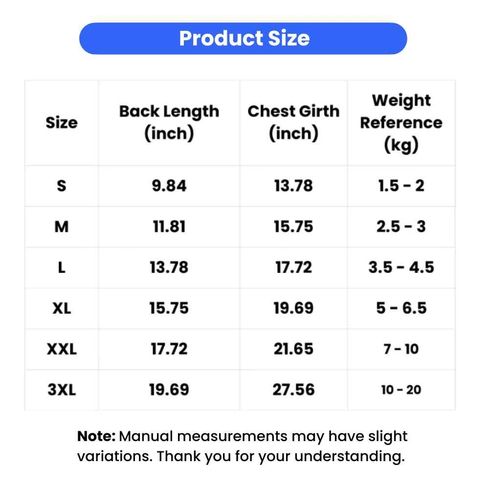 dog mesh clothes size chart with back length chest girth and weight reference for sizing guide