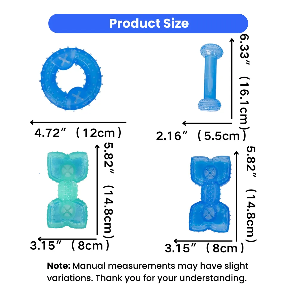 dog chew toy size chart with dimensions in inches and centimeters