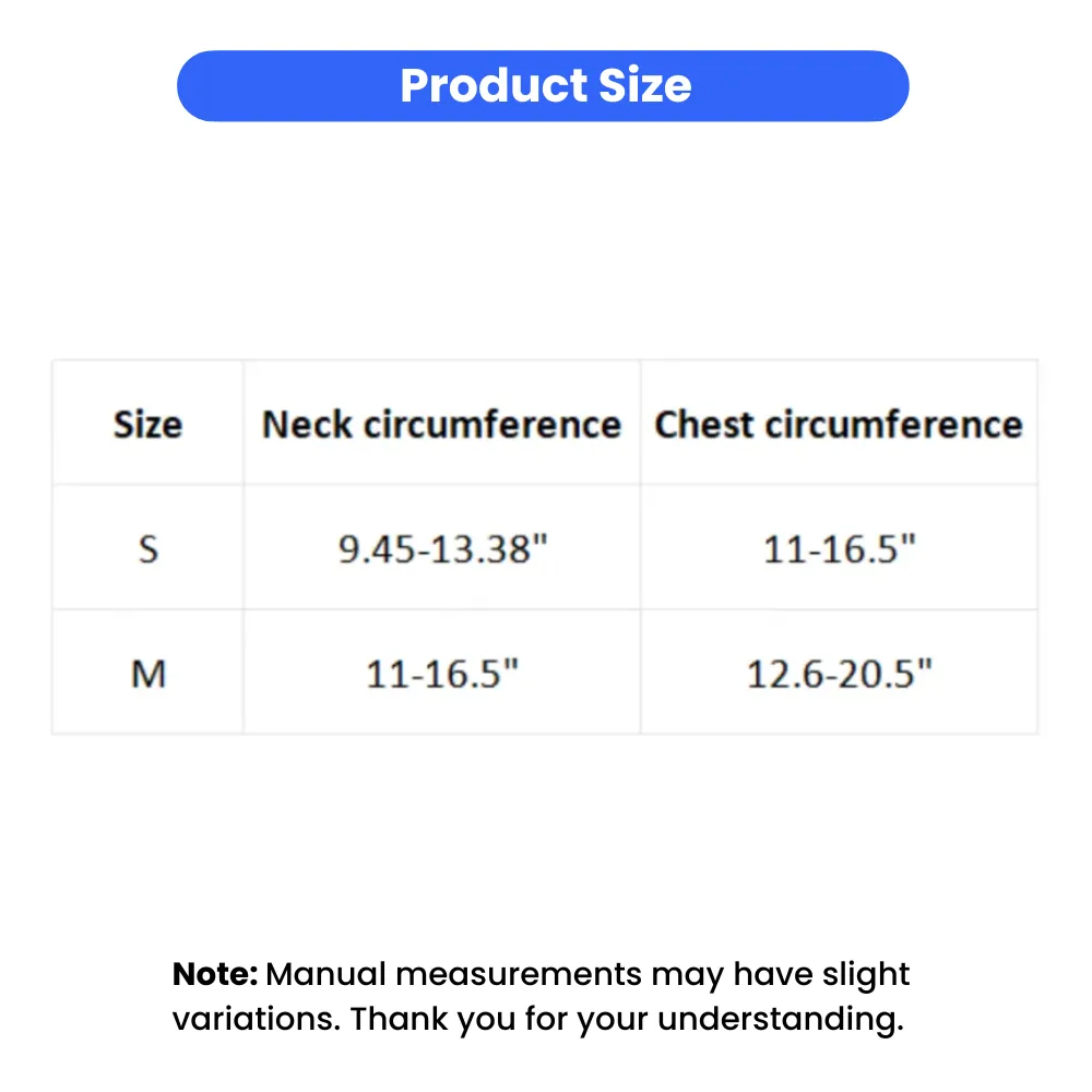dog harness size chart with neck and chest circumference measurements for small and medium dogs