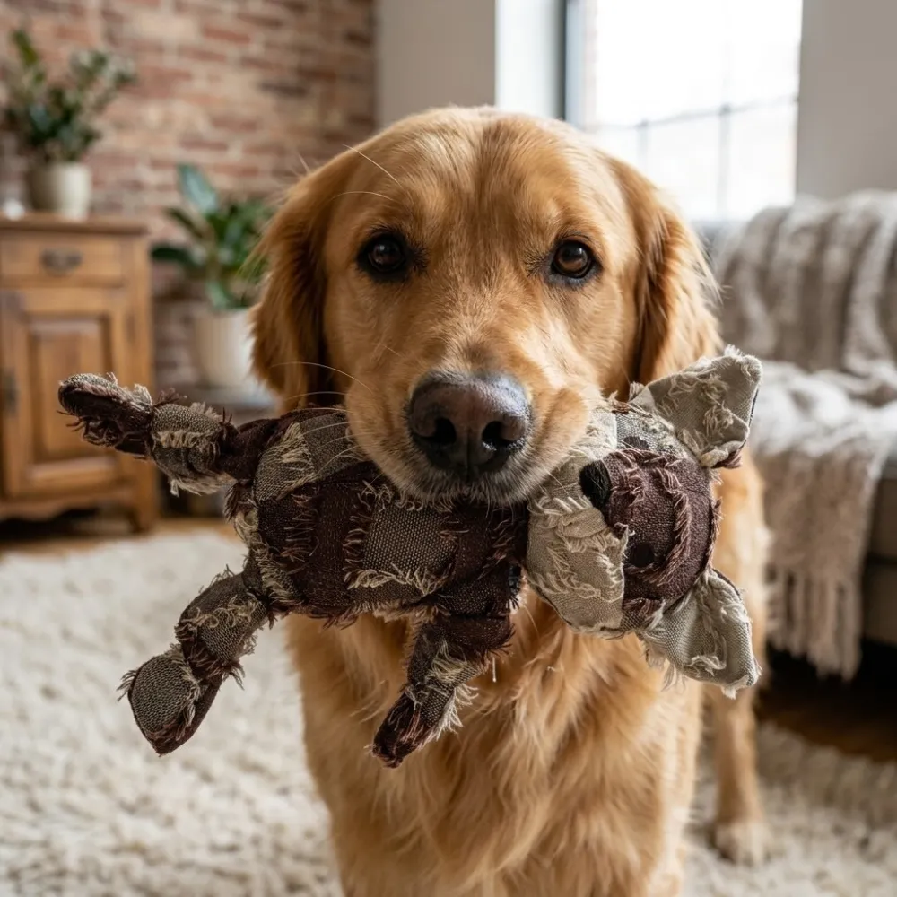 Lifestyle shot of a Golden Retriever dog happily holding the Shaggy Fox plush toy in its mouth.