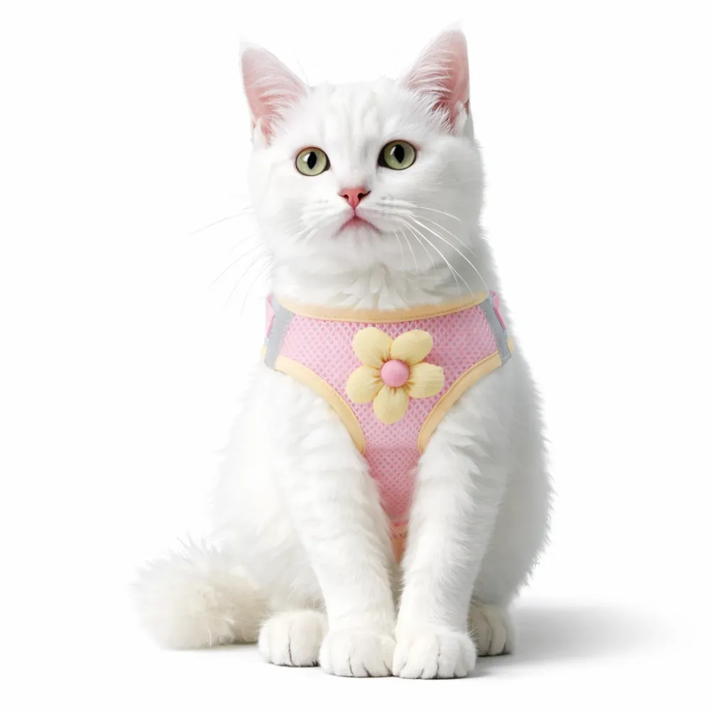 Cute Cat Wearing Pink Pet Harness Vest with Flower Design white cat wearing pink breathable pet harness vest with flower decoration soft adjustable cat harness