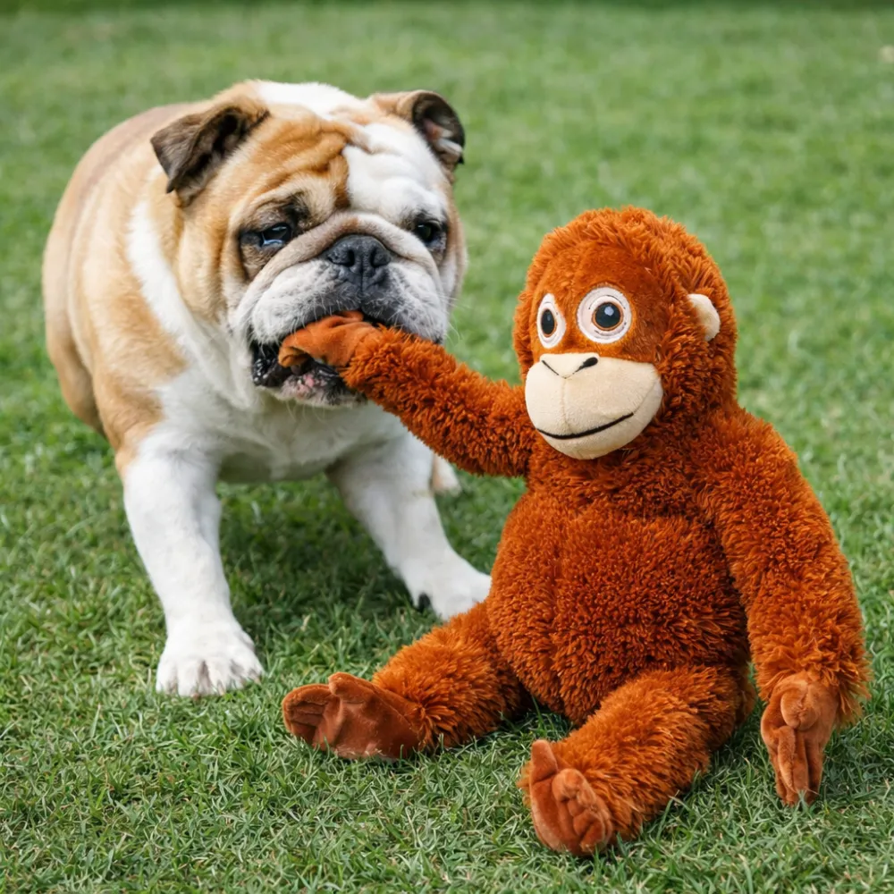 dog playing with plush orangutan toy outdoor interactive dog toy playtime