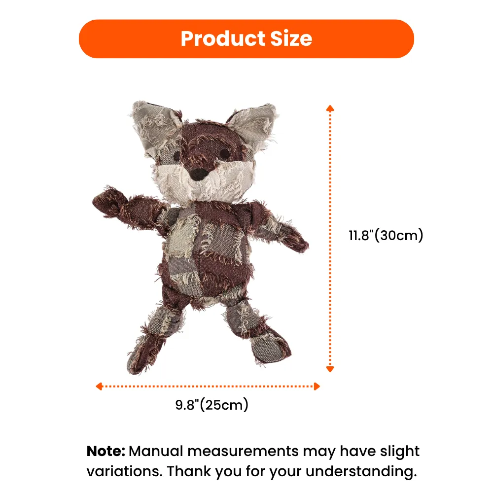 Infographic showing fox dog toy dimensions: 11.8 inches (30cm) height by 9.8 inches (25cm) width.