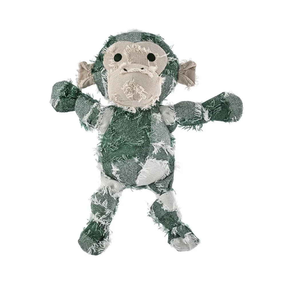 Yarn-Dyed Monkey Plush Toy Artisanal yarn-dyed fabric monkey dog toy isolated on a clean white background.