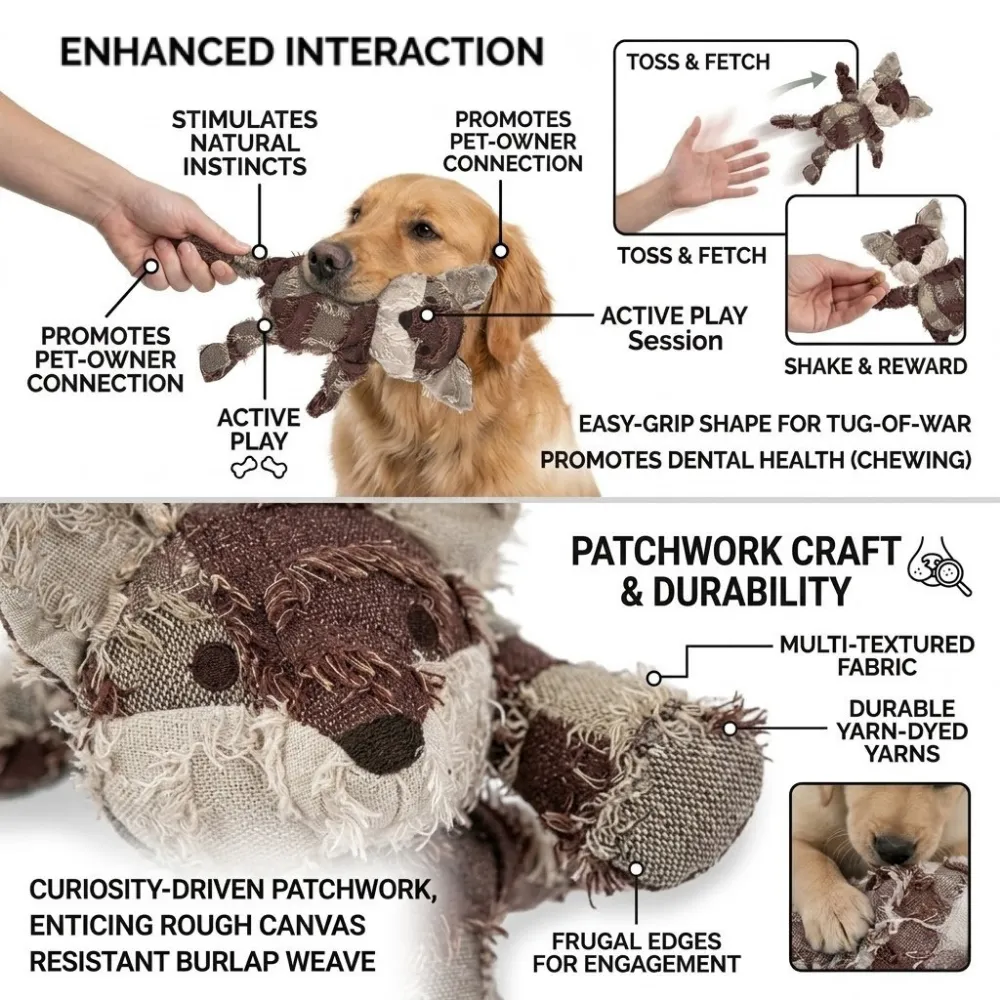 Infographic showing a dog playing with the fox toy and a close-up of the rough canvas burlap weave.