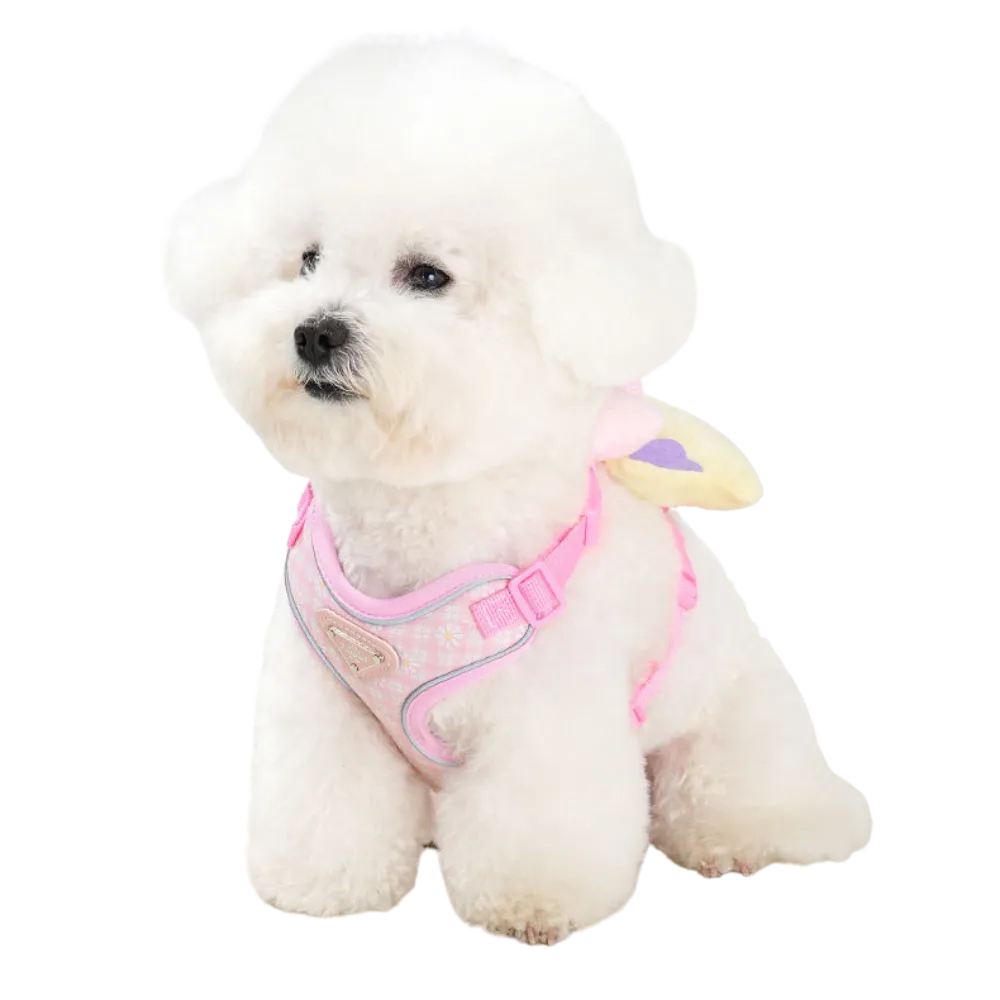 Cute Small Dog Wearing Adjustable Harness with Plush Toy | Petfairs small white dog wearing pink adjustable dog harness with plush squeaky toy attached