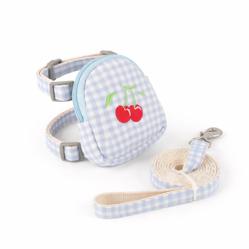 blue dog harness with cherry embroidery pouch and matching leash wholesale dog harness set