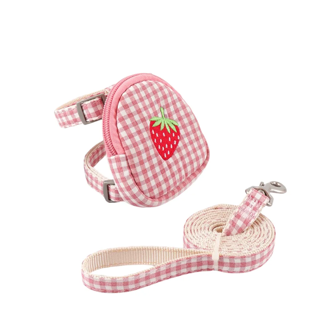 pink dog harness with strawberry pouch adjustable leash set for small dogs wholesale pet supplies