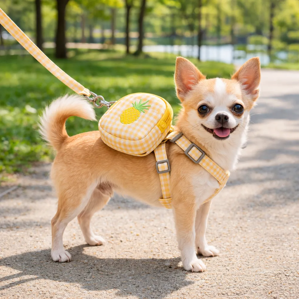 small dog wearing yellow fruit harness walking outdoors with leash comfortable pet walking set