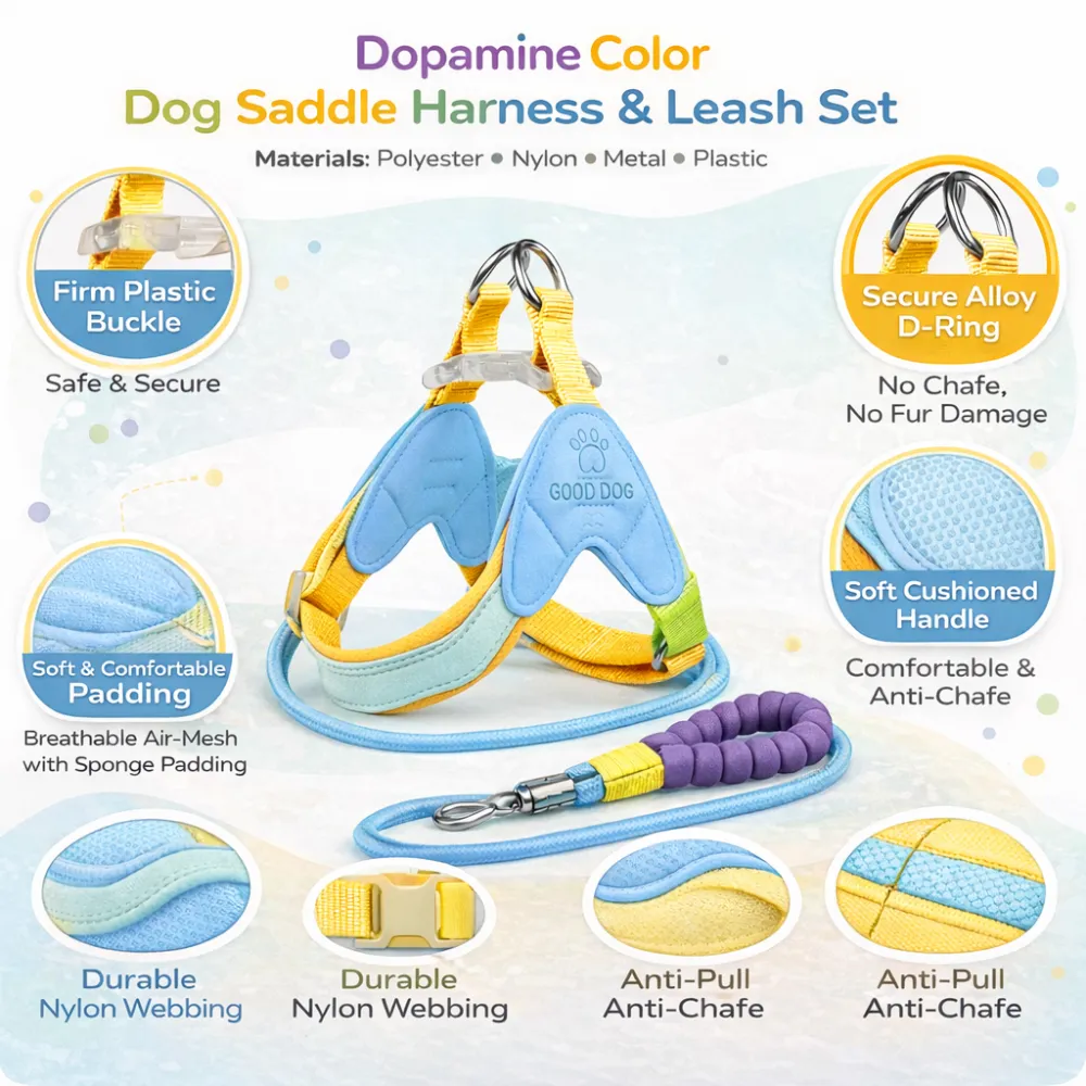 dopamine color dog harness and leash set soft padded breathable anti pull no choke dog harness wholesale