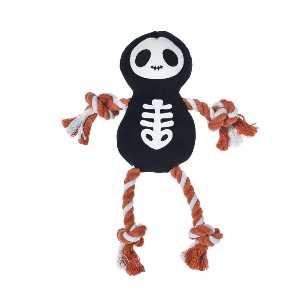 Halloween skeleton dog rope toy with plush body and cotton rope limbs for aggressive chewers