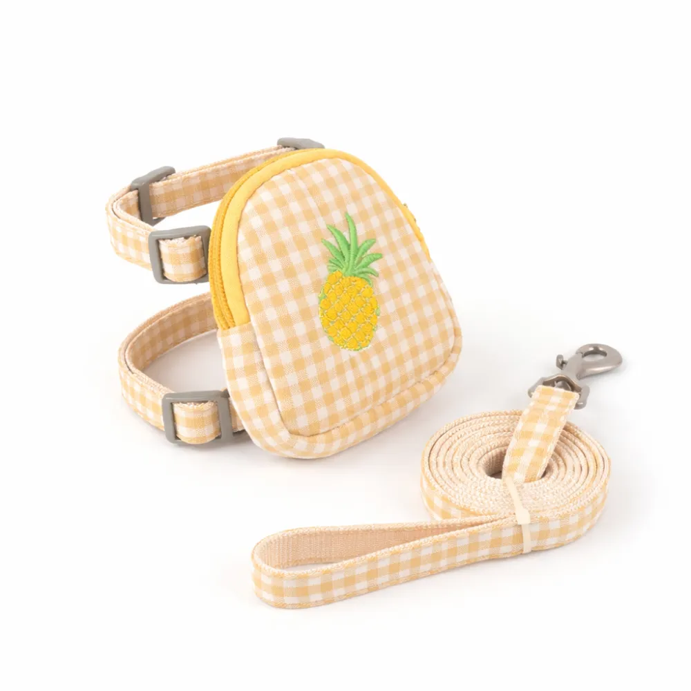 yellow dog harness with pineapple embroidery pouch adjustable leash set for small dogs