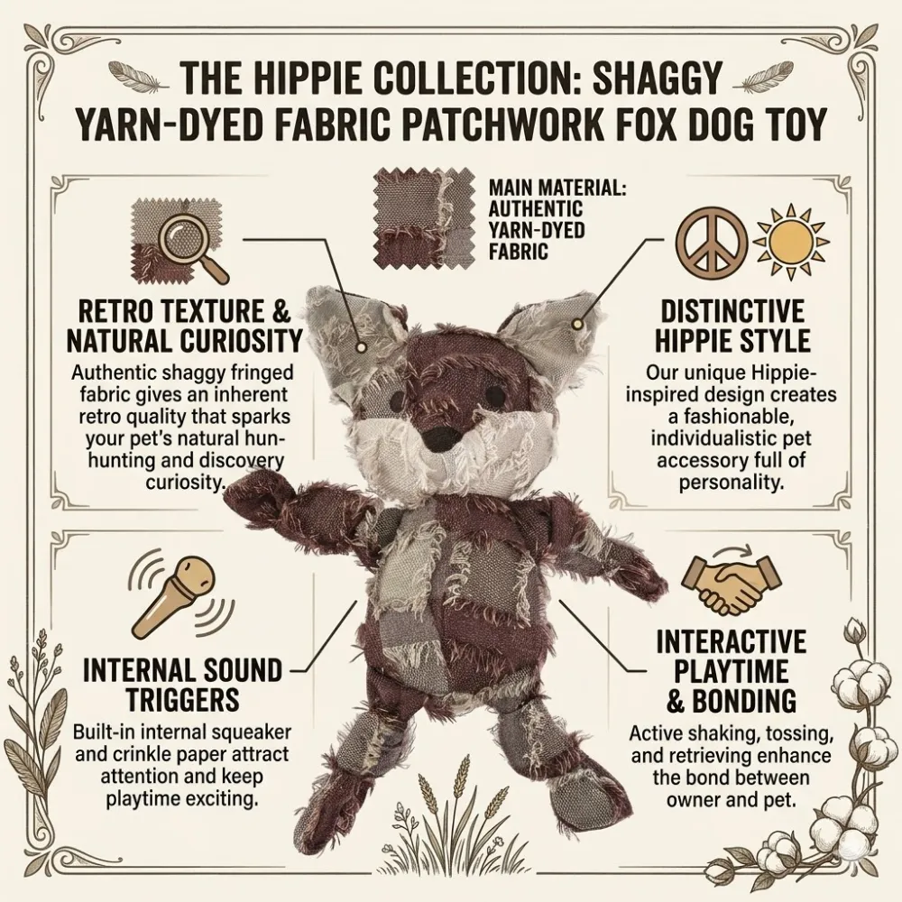 Feature diagram of the Fox dog toy highlighting the main material, sound triggers, and hippie style.