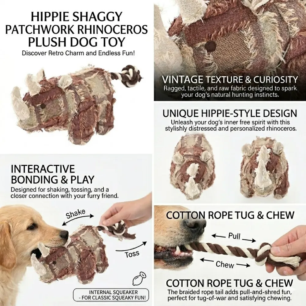 Infographic explaining rhinoceros dog toy features including internal squeaker cotton rope tail and vintage fabric.