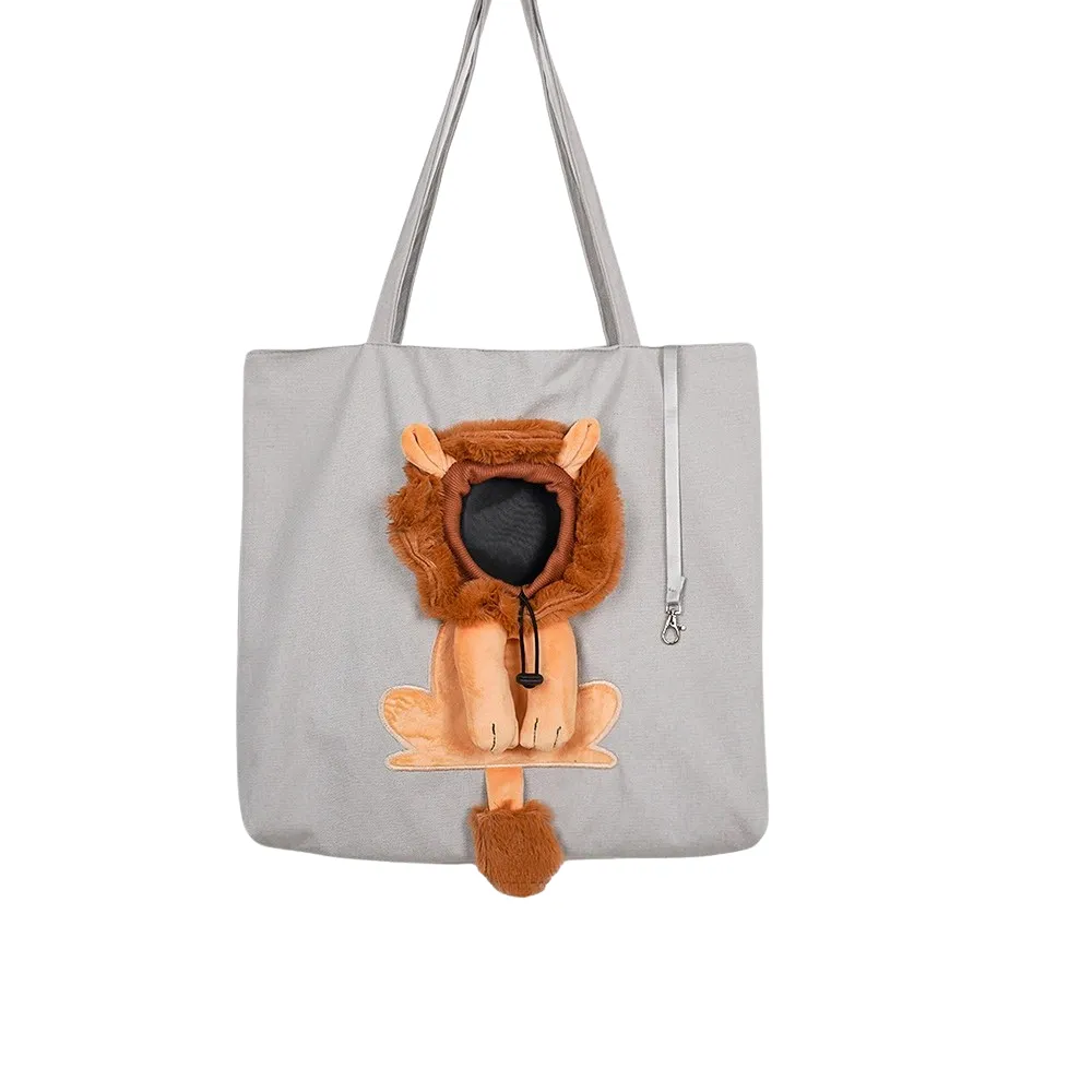 grey cartoon lion pet carrier bag soft fabric breathable pet tote detail